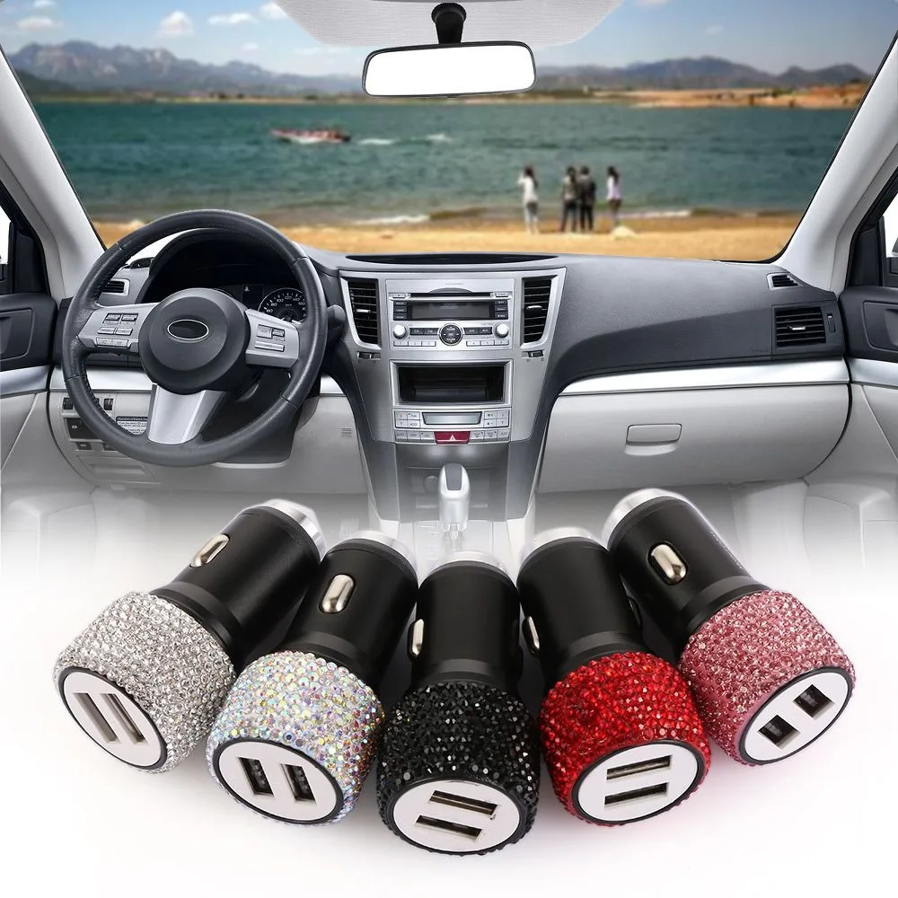 Car Accessories Dual USB Car Charger Bling Multi-Function Car Phone Charger Rhinestones Car Charger Socket Woman