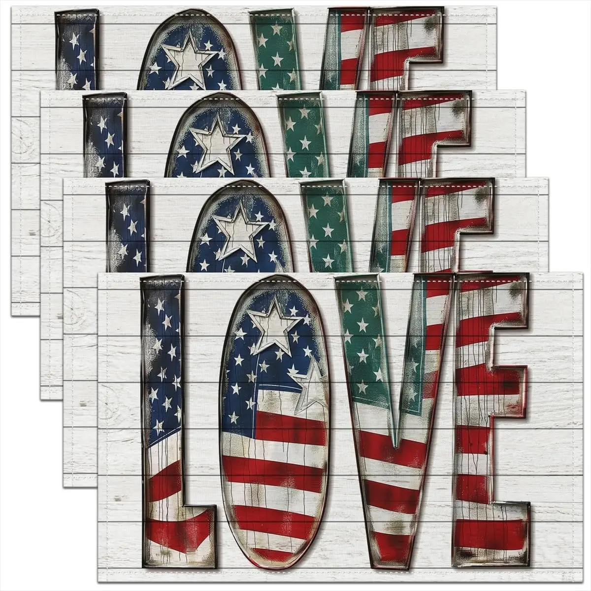 

American Flag Place Mats 12x18 Inch Set of 4 Geometric Star Print Placemats Romantic Love Pattern Table Mats for Teen Adults