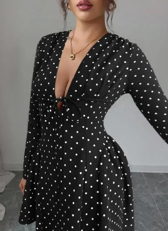 

Women Fashion Sweet Polka Dot V-Neck Long Sleeve Dress Autumn & Winter New Female Elegant Elastic High Waist A Line Dresses