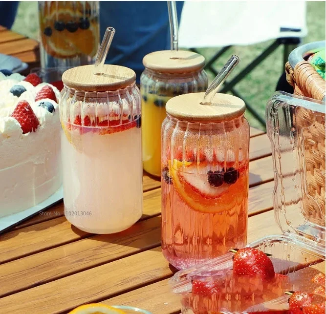 400/500ml Transparent Drinking Utensil Coffee Glass Cup with Straws Wine Milk Beer Cola Juice Cold Drinkware Handmade Can