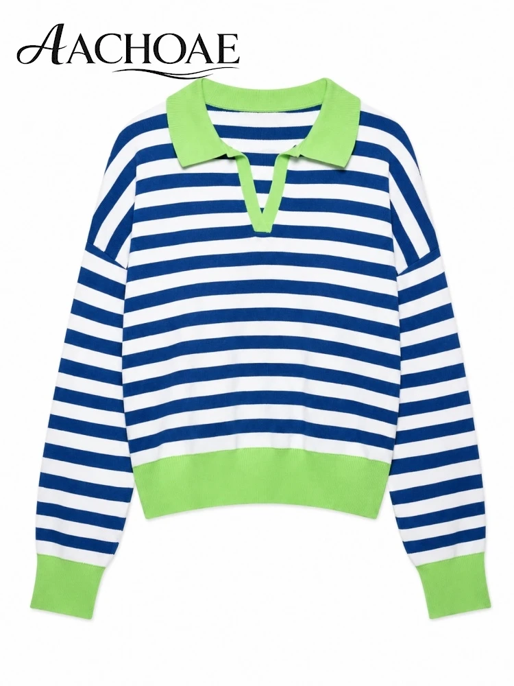 AACHOAE Women Striped Polo Collar Knit Sweater Long Sleeve Pullover Casual Loose Soft Knitted Top Preppy Style Jumper