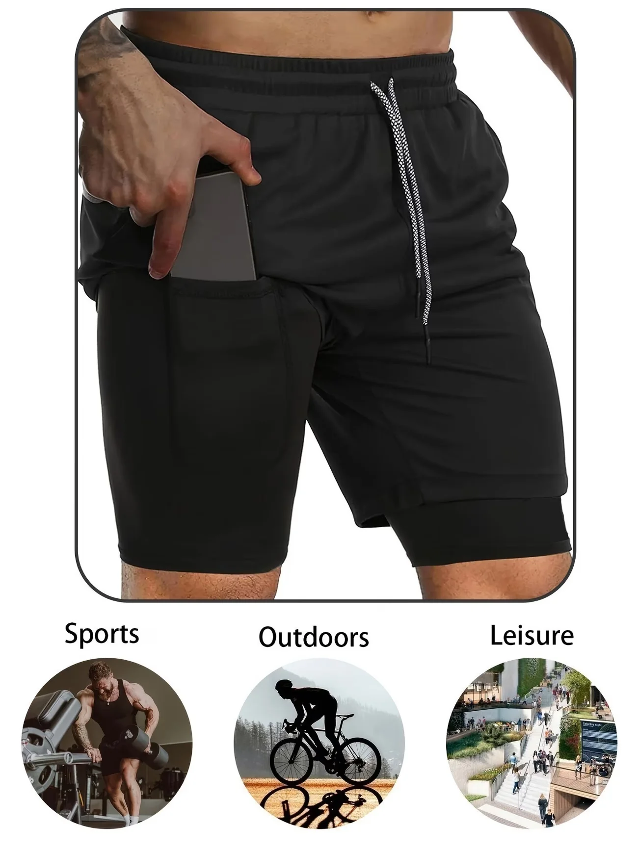 Men's fitness workout set, including a short-sleeve fitness T-shirt and double-layer athletic shorts image 3