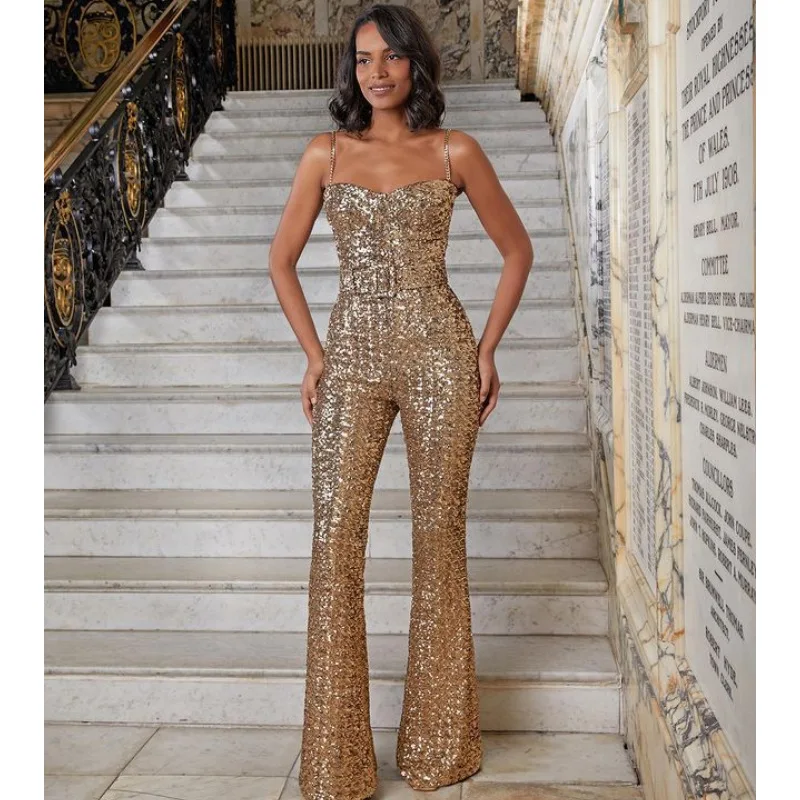 

Faionable Gold Sequin Strap Jumpsuit Heavy Industry Glowing Par Ball Gown High Waist Wide Leg Cotton Blend Ladies Suit