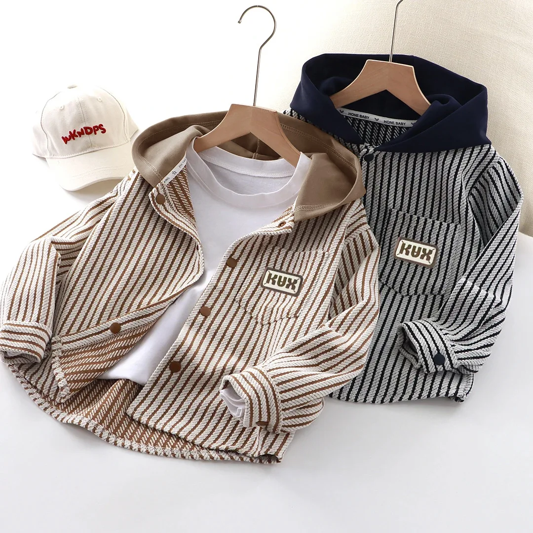 

Autumn Toddler Baby Boys Striped Long Sleeve Hooded Jacket 1-9Y Kids Casual Button-Down Hoodie Coat with Patch Detail Outerwear