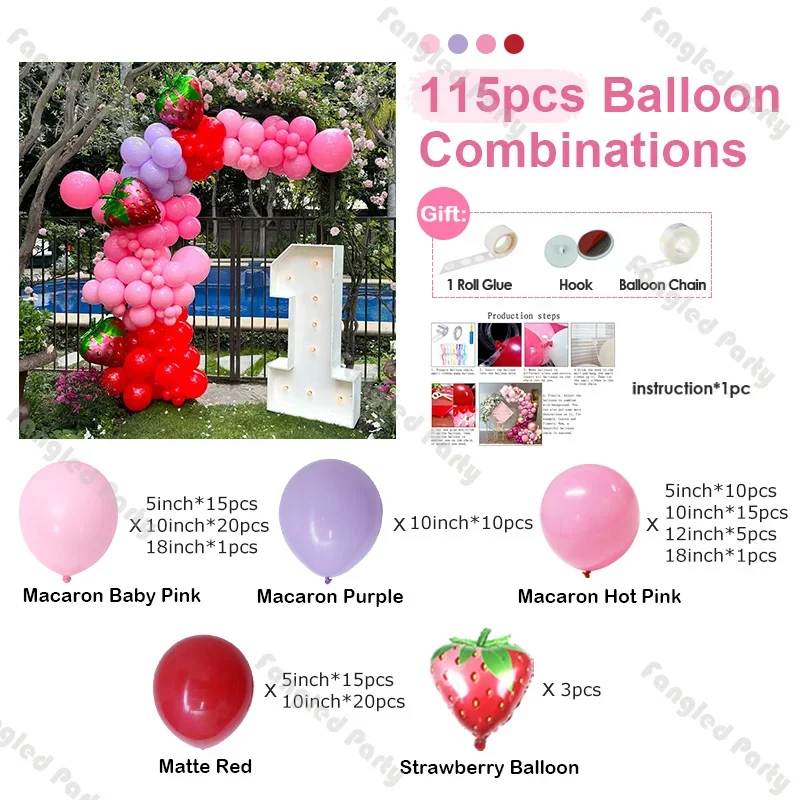 115pc Summer Balloon Arch Purple Pink Wedding Globos Strawberry Birthday Pastel Baby Shower Fruit Party Decor Boho Bridal Shower