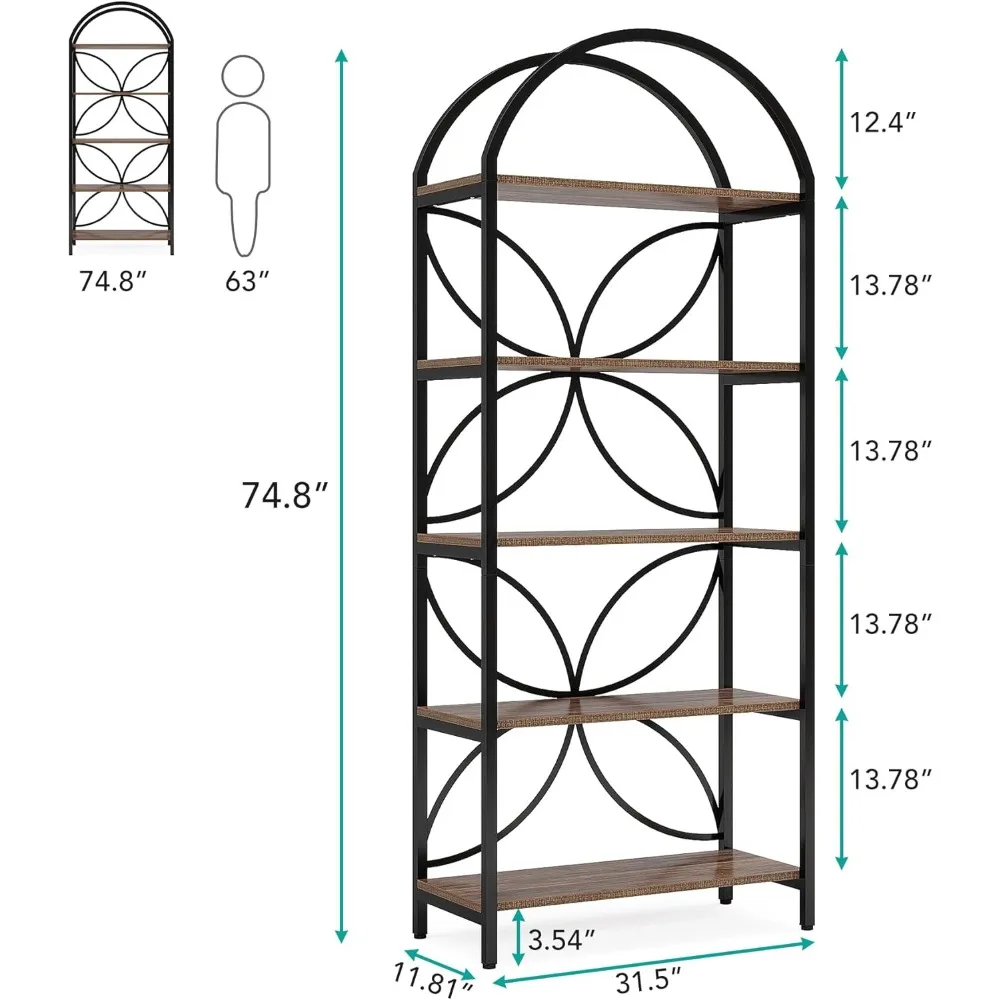 75 Inch Tall 5-Tier Arched Bookcase with Industrial Metal Frame Storage Organizer