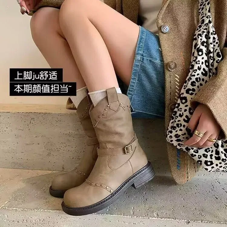 British Style Riding Boots Women 2024 New Early Fall Fried Street Small Ankle Boots Brown Maillard Western Cowboy Boots