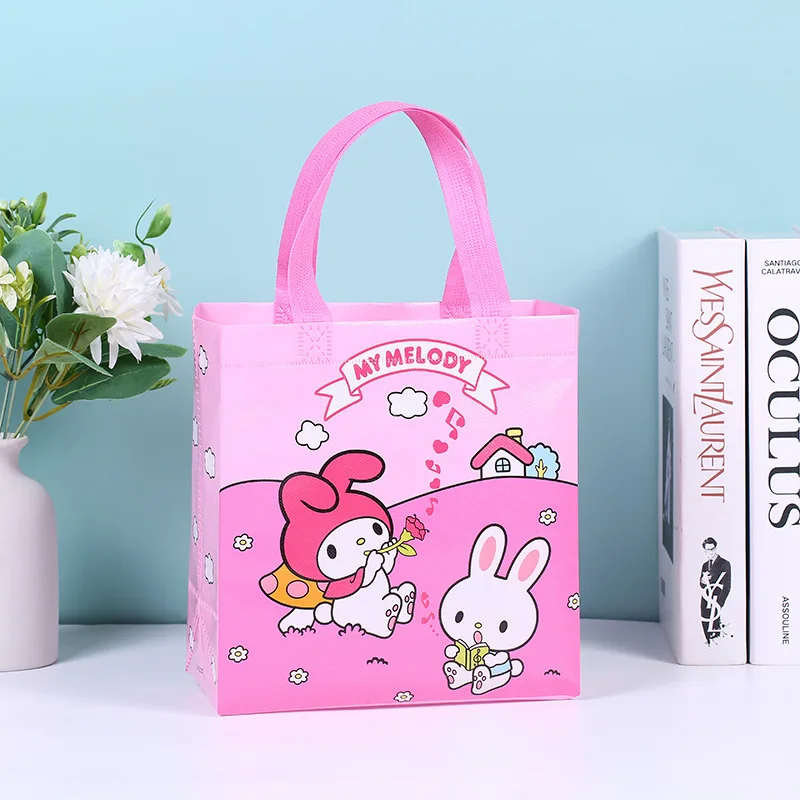 MINISO-Bolso de mano no tejido de gran capacidad, bolsa Kawaii Kuromi Cinnamoroll con figuras de Anime de dibujos animados, almacenamiento de artículos diversos, bolso de compras con melodía