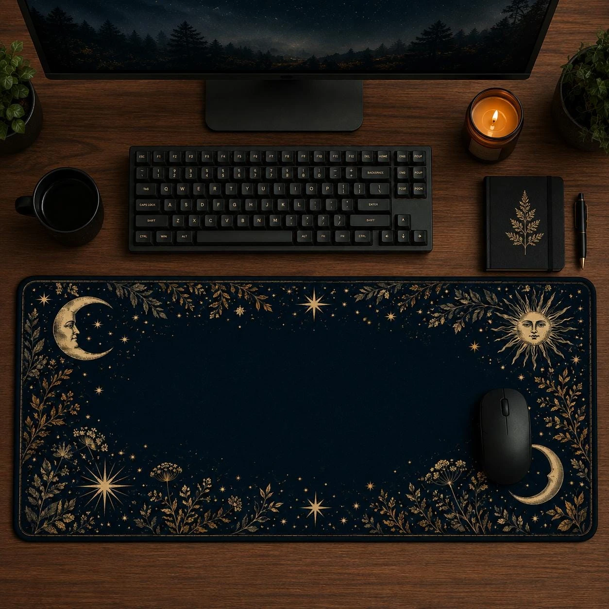 Celestial Moon Stars Botanical Desk Mat Gamer Mousepad Room Decor Pc Accessories Mouse Pads Gamer Setup Gaming Keyboard Pad