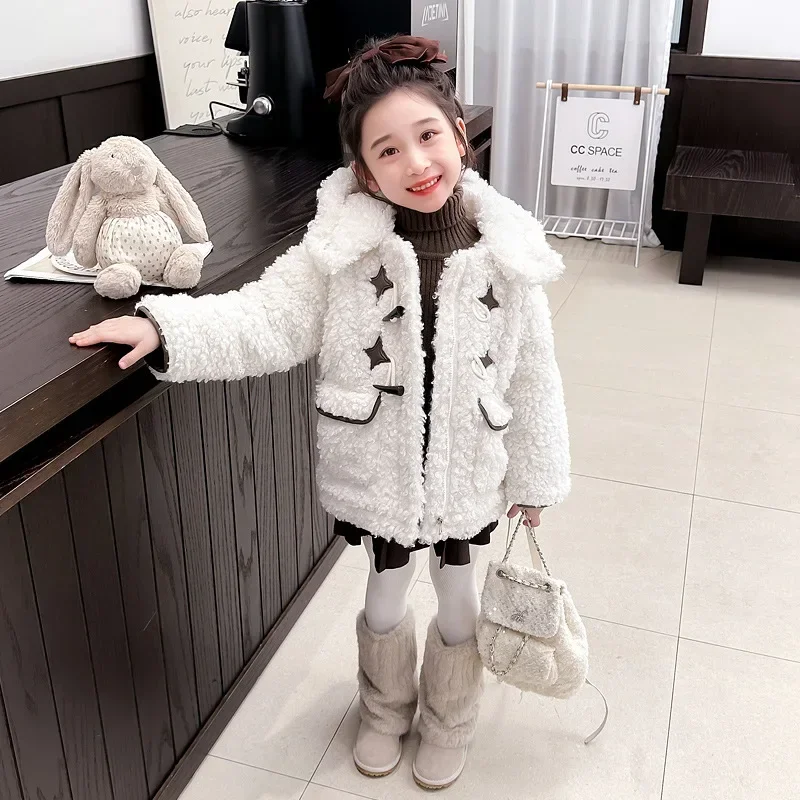 Girls Fur Integrated Coat Winter 2024 New Foreign Wool Sweater Children's Medium and Long Lamb Wool Coat