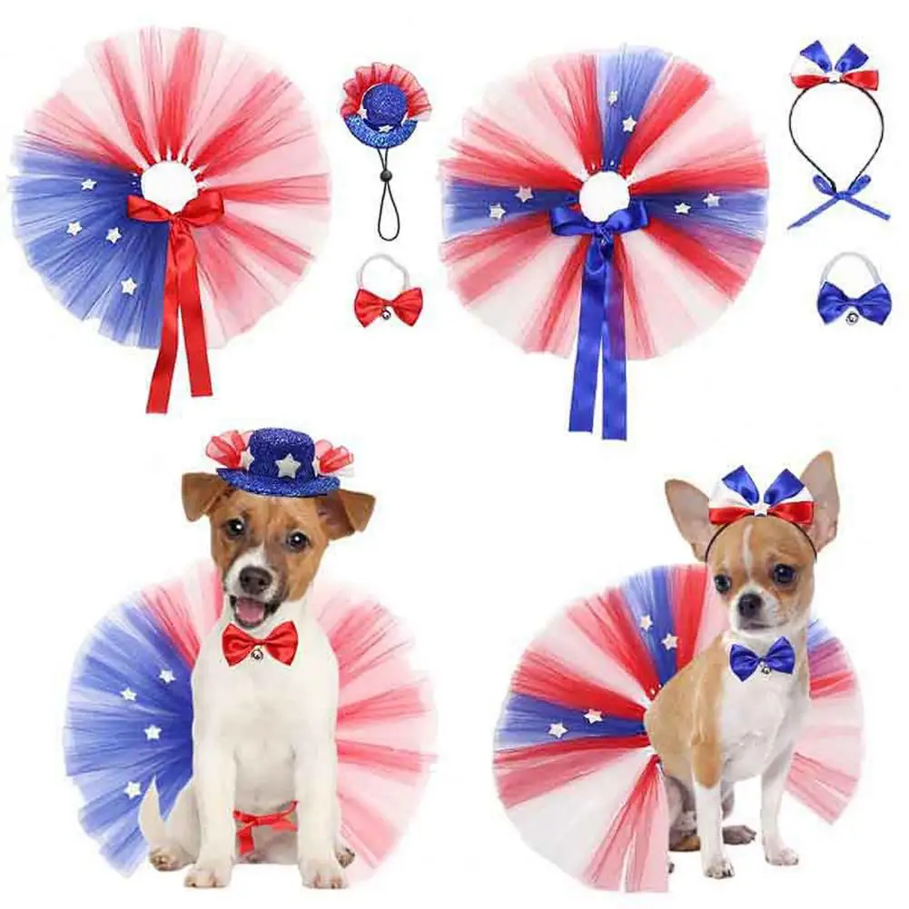 1 Set Pet Patriotic Costume Comfortable Eye-catching Independence Day Mesh Skirt Hat Collar Set Festival Supply For Dog and Cat