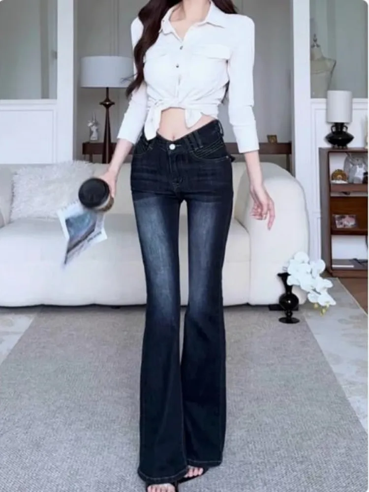 

Deep Blue V-Waist Skinny Jeans with Butt Lifting Pad Retro Waed out Micro Flared Long Trousers Women's Casual Cotton Stretc...