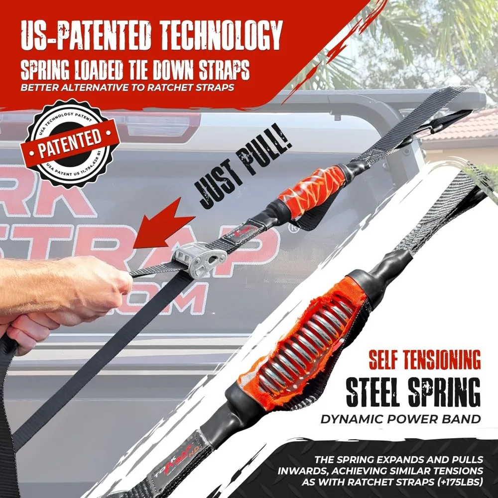 

Tensioning Tie Down Straps - Automatically Adapt to Load Shifts - 2,250LB Break Strength - Pull Alternative to Ratchet Straps