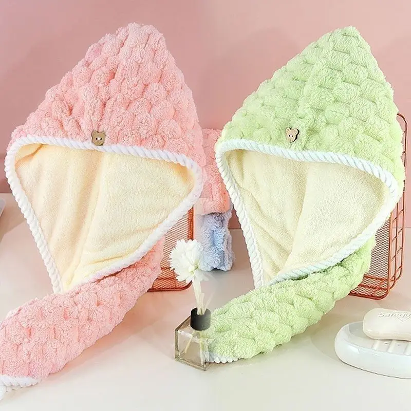 Microfiber Hair Towel Wrap Quick Dry Absorbent Turban For Women Girls Soft Plush Bath Head Cap With Button Curly Long Wet Home