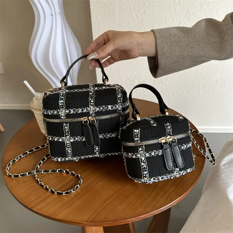 

Mini Fashion Plaid Handbag One Shoulder Crossbody Bag Chain Bucket Bag Women's Bag