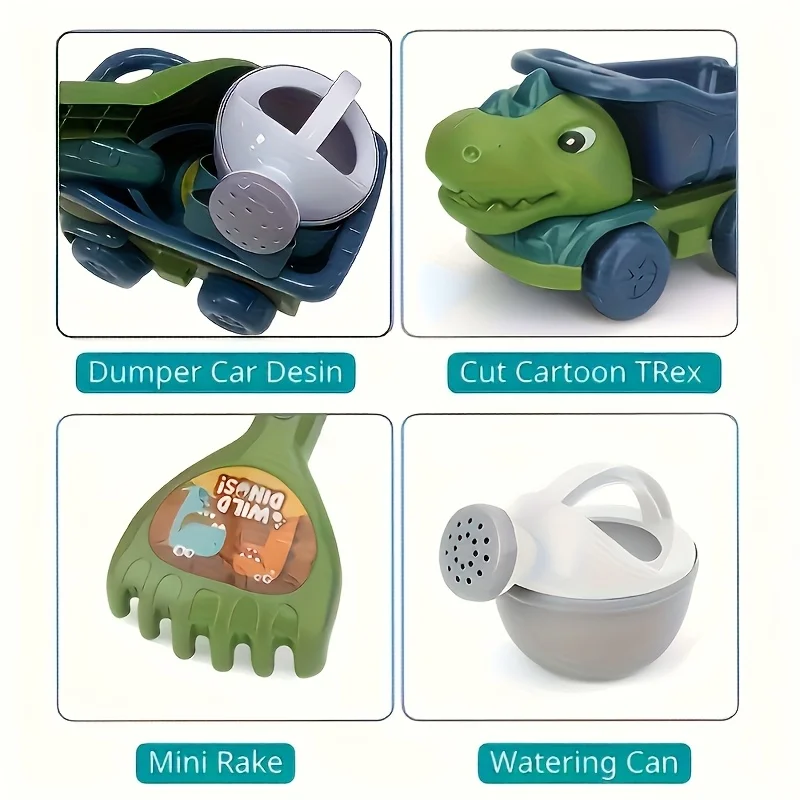 6-częściowy interaktywny zestaw zabawek plażowych, zestaw zabawek plażowych z łopatką i wózkiem w kształcie dinozaura. Zestaw narzędzi do zabawy w wodzie i kopania w piasku jest odpowiedni.