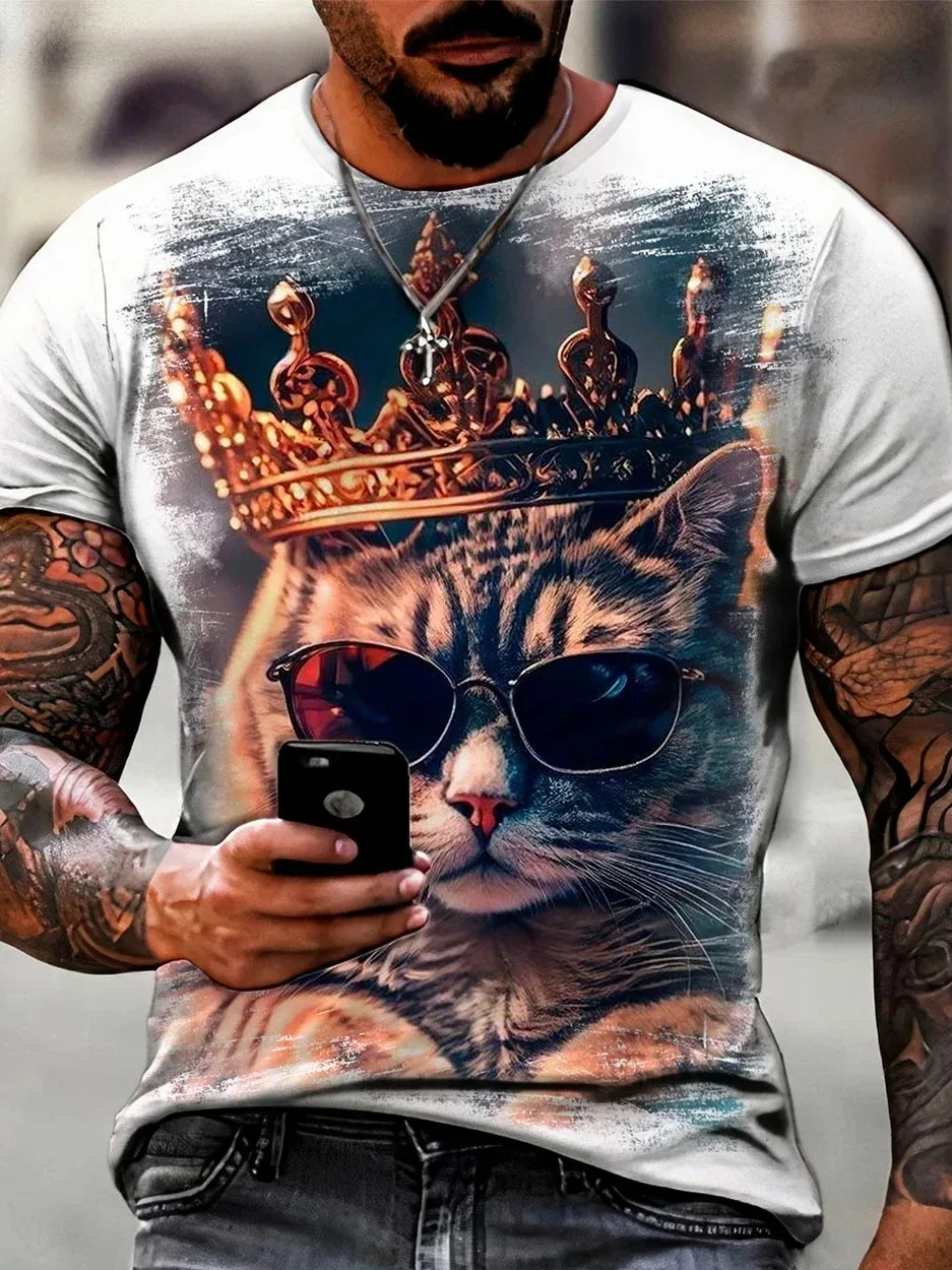 Male Trend Cat Element T Shirt For Men Daily Outdoor Fashion Regular Fit O-neck Short Sleeve Comfortable Material Clothing To