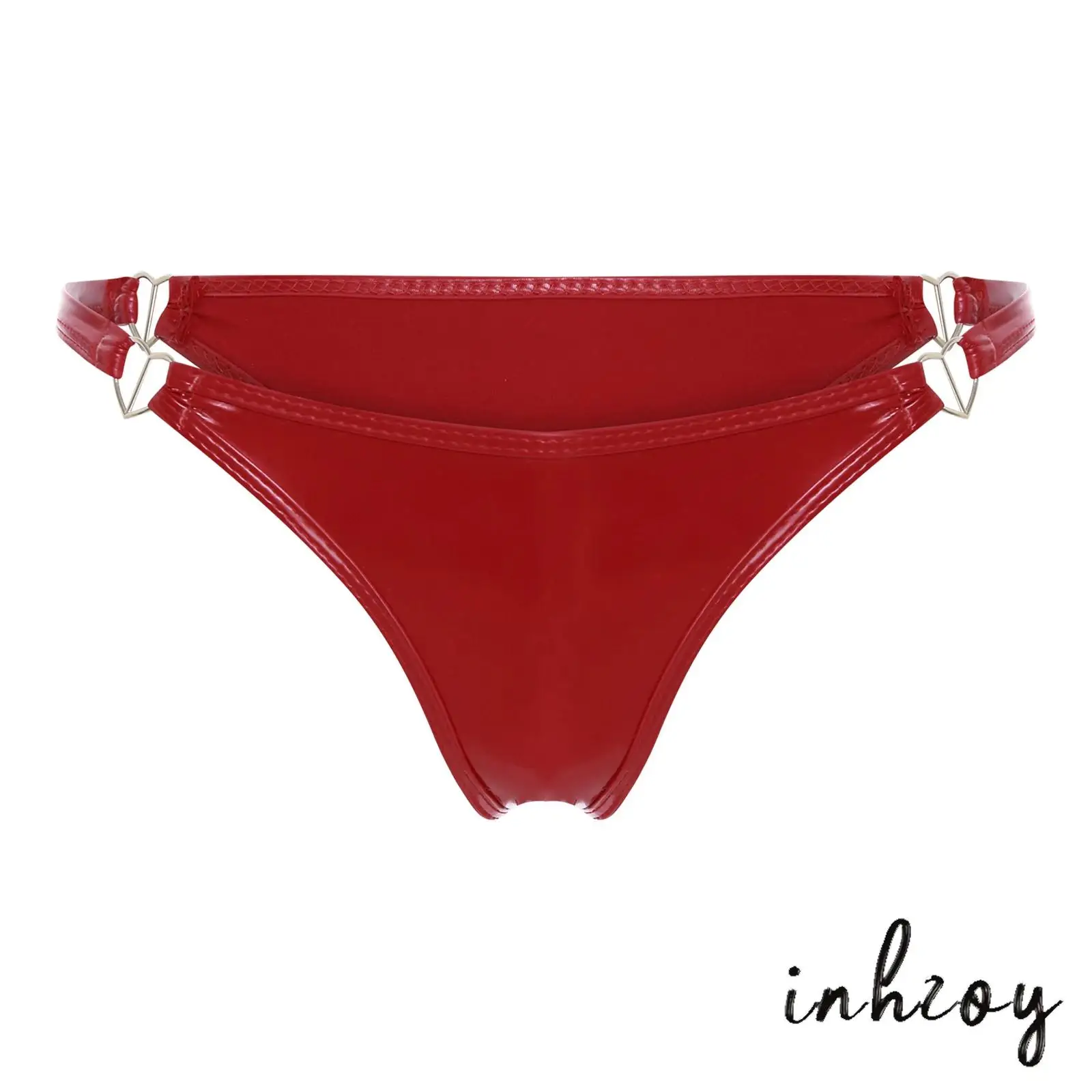 

Erotic Womens Wet Looking Low Waist Thong Briefs Heart-shaped Rings T-back G-string Panties Patent Leather Mini Bikini Underwear
