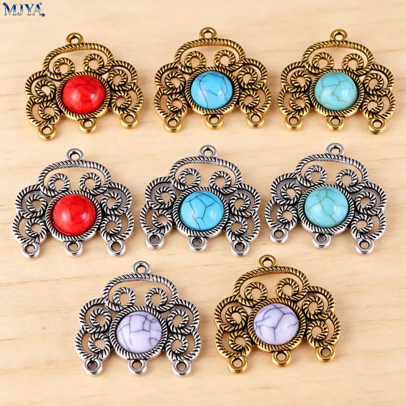 

MJYA 5pcs/lot Vintage Alloy Turquoise Connector Charms Hollow Flower Pattern Design For DIY Jewelry Making Supplies Accessories