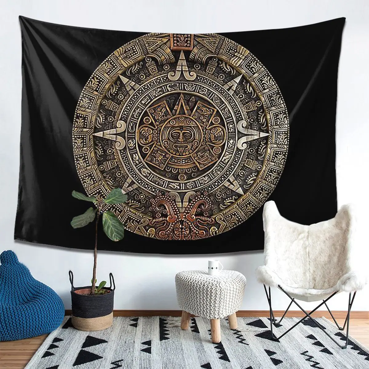 

AztecMayan Calendar In Gold And Bronze Tapestry Decoration Art Aesthetic Tapestries for Living Room Home Wall Cloth Wall Hanging