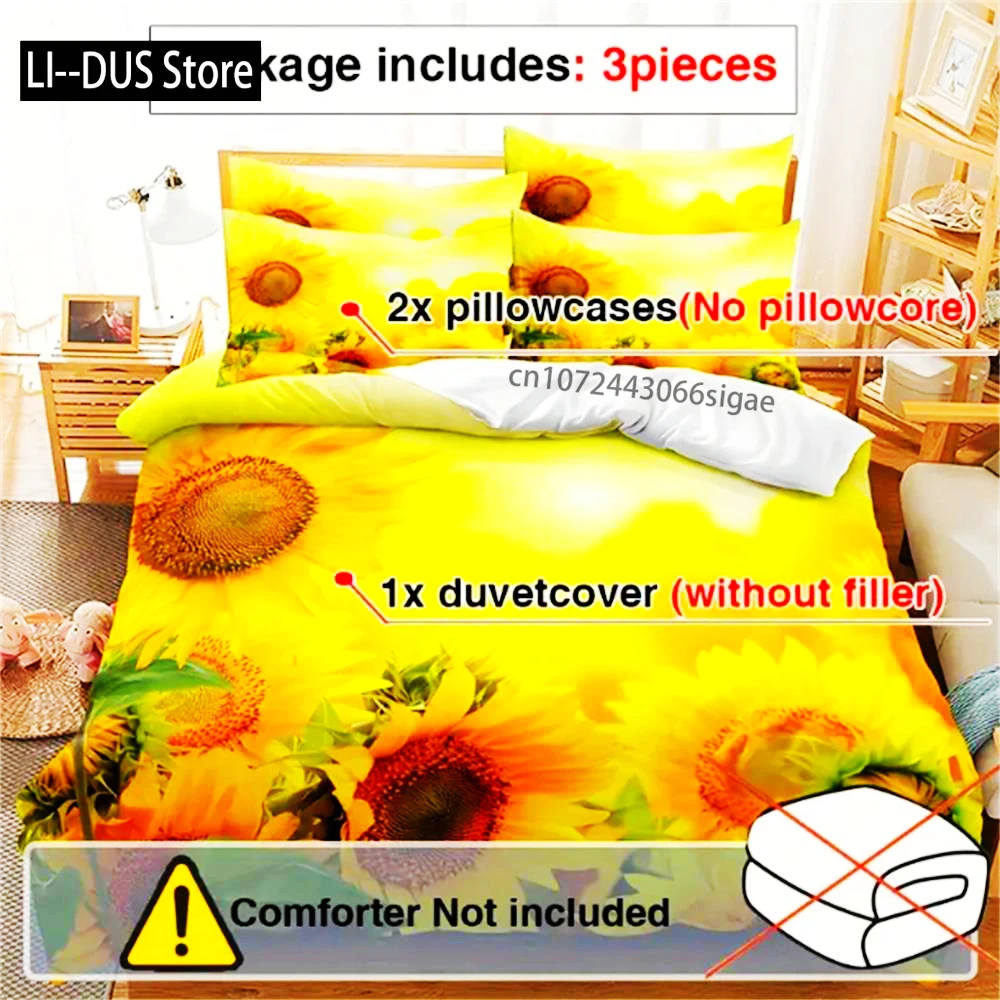 3pcs Sunflower Duvet Cover Set (1*Duvet Cover + 2*Pillowcases, Without Core), 3D Print Plant Flowers Duvet Cover With Pillowcase