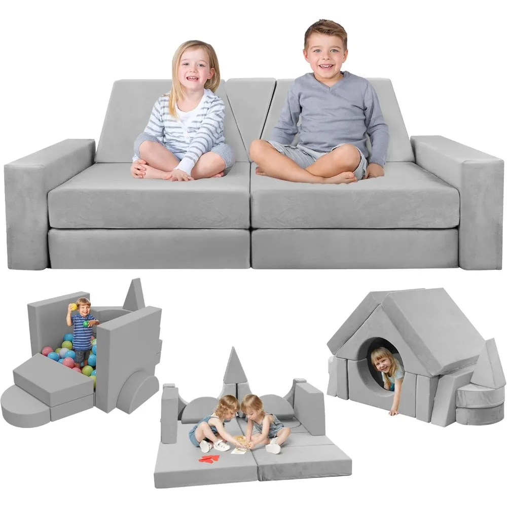 Best - 15pcs Grey Modular Kids Play Couch, Kids Couch for Toddler & Children, Toddler couches, Kid Couches Fort Building kit