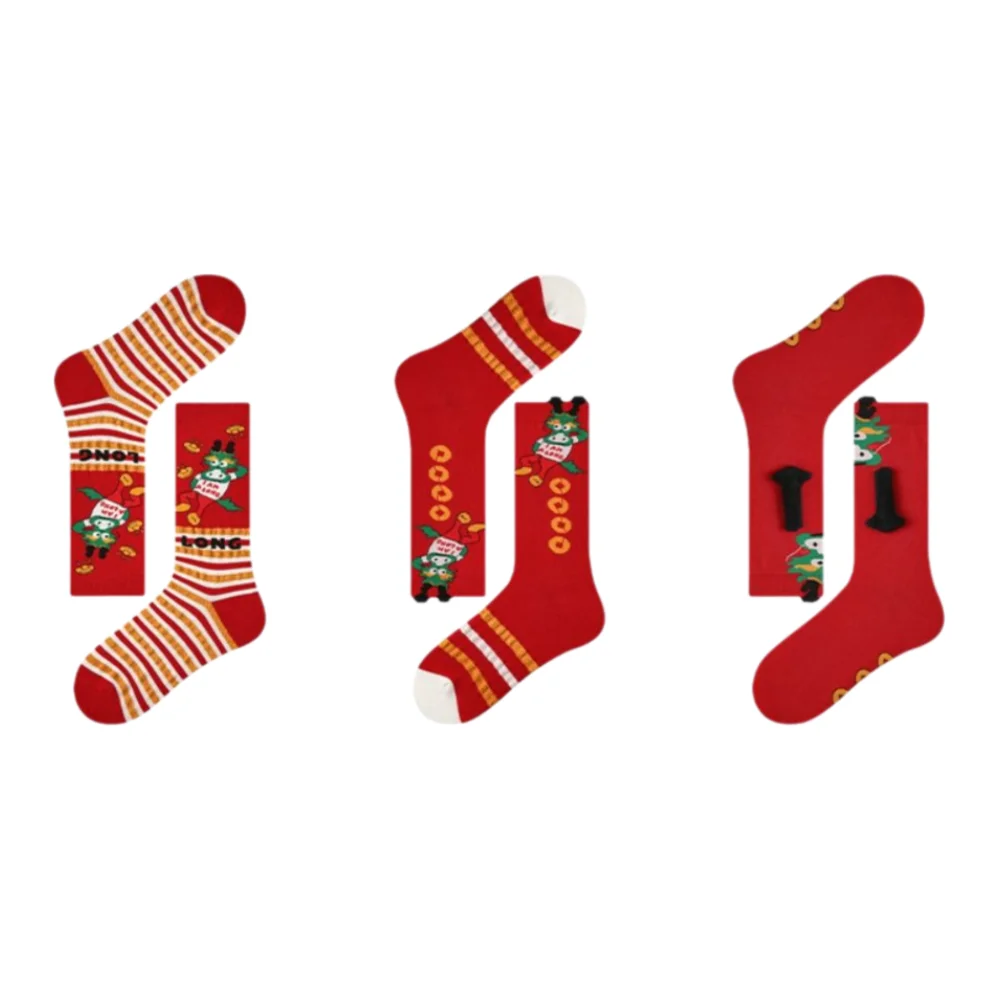 

3 Pair Red Horse Female Elastic Striped Socks Knitted Cotton Snow Boot Socks Winter Thickened Middle Tube Socks New Year Gift