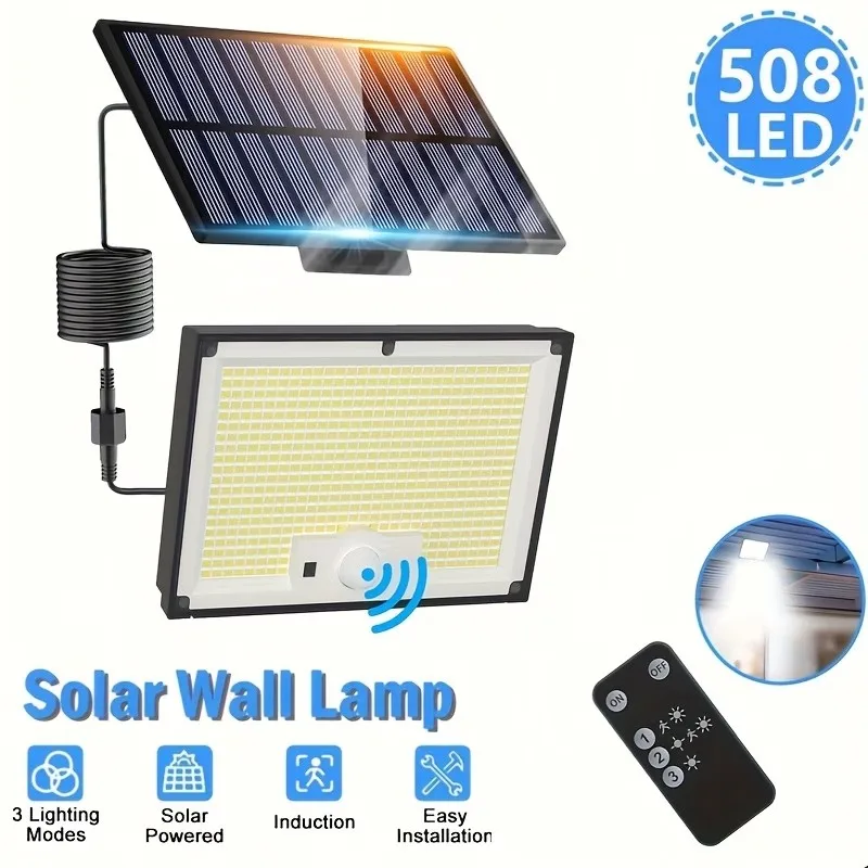 508 LEDs Solar Security Light, Separate Solar Panel, PIR Motion Sensor, Remote Control, 3-Level Brightness, IP65 Waterproof Outd
