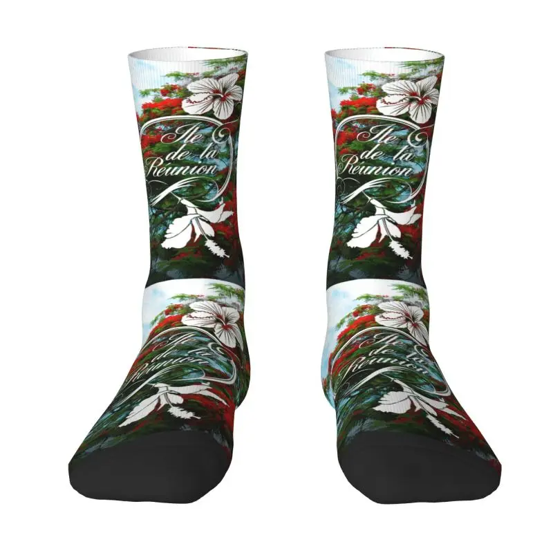 

974 Reunion Island Dress Socks Mens Womens Warm Funny Novelty Flamboyant And Hibiscus Crew Socks