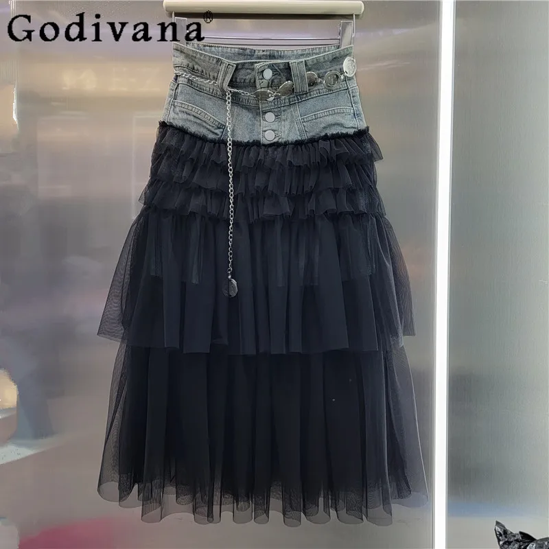 

Women's Summer Gauze Splicing Medium and Long Denim Skirt Fashion A-line High Waist Sweet Age Reduction Versatile Cake Skirts