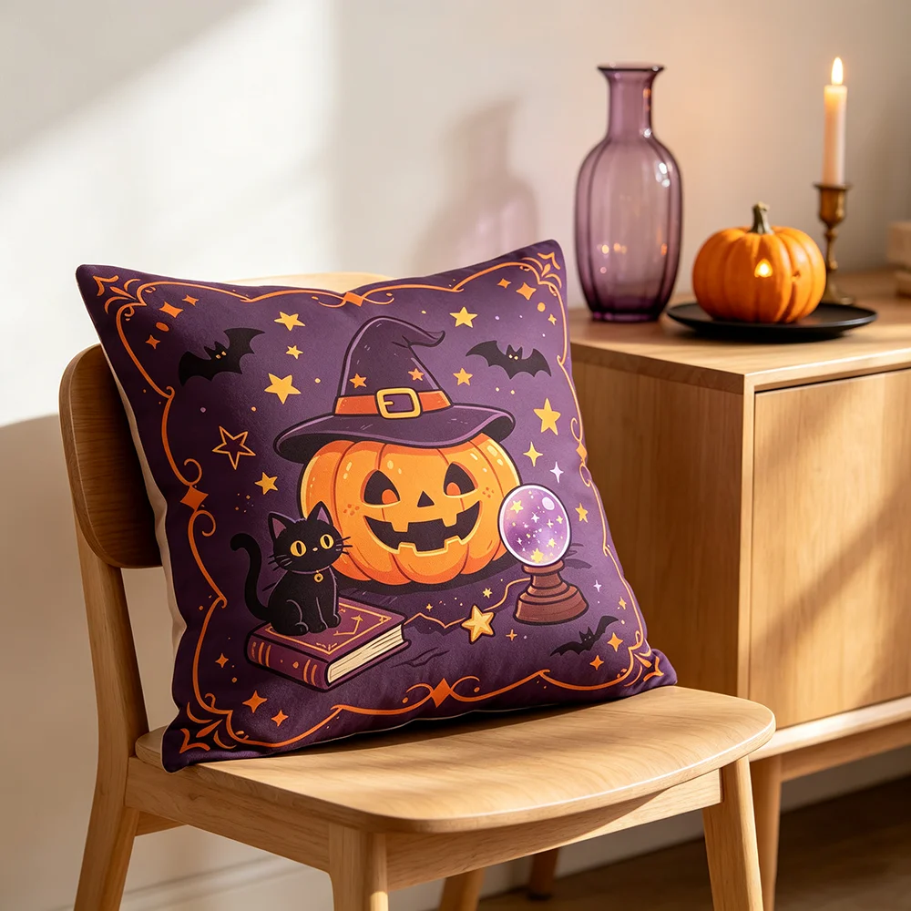 4PCS Halloween Pumpkin Print Pillow Covers Black Purple Lace Border Bat Spooky Decorative Throw Pillow Sofa Couch Home Decor