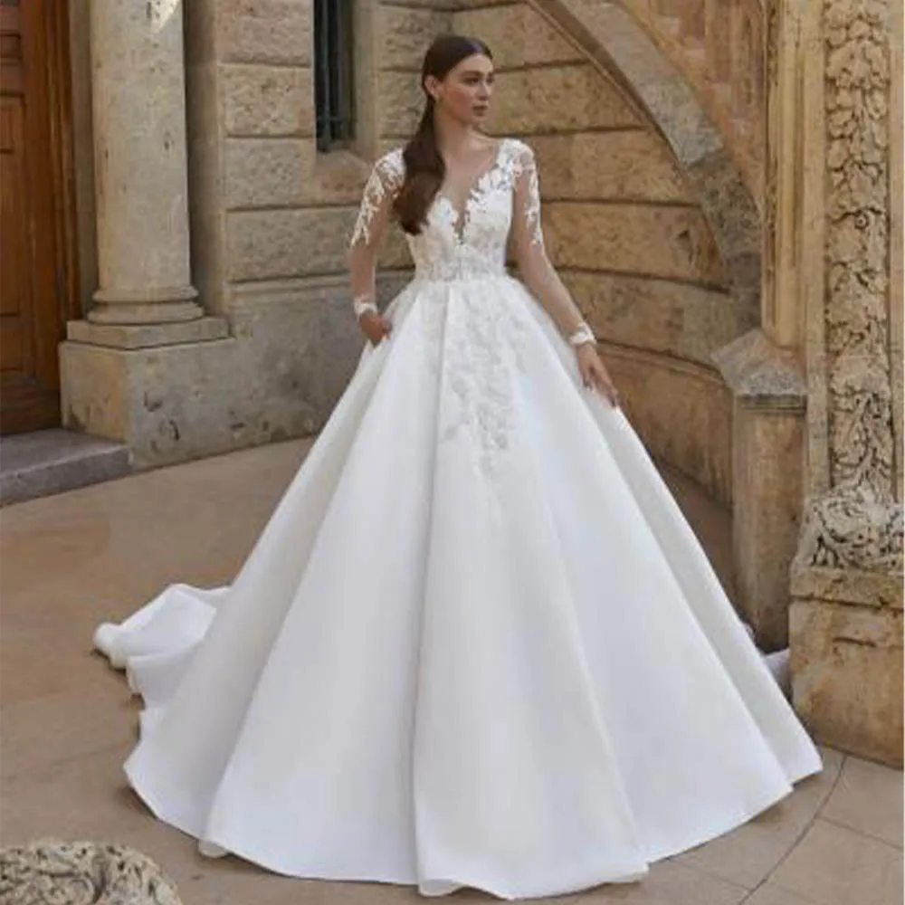 

Elegant Long Sleeves V-neck Lace Applique Ball Grown Wedding Dresses Custom Made Formal Bridal Grown 2024 Vestido De Noival