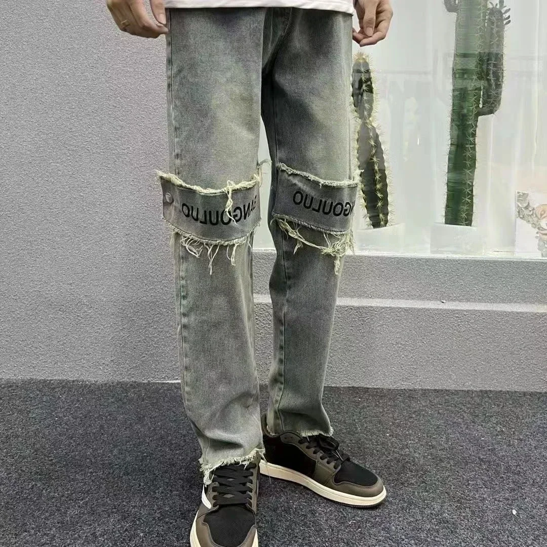 

Trousers Straight Patch Men's Jeans with Pockets Man Cowboy Pants Regular Stacked Stylish 2024 Fashion Kpop Spring Autumn Trend