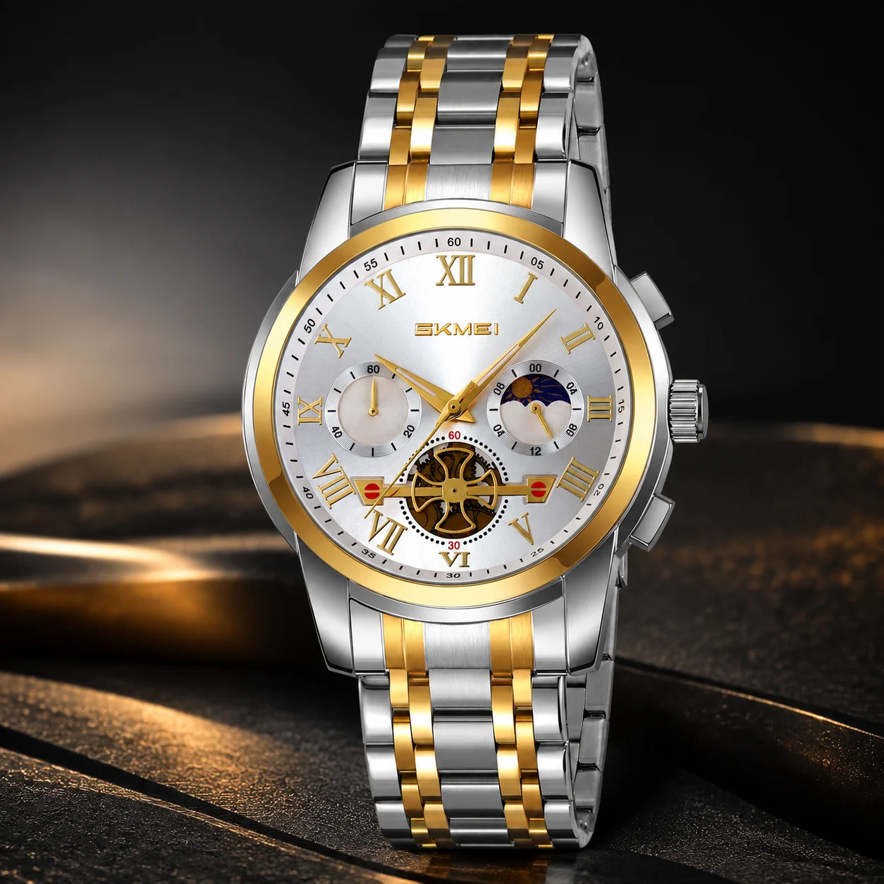 SKMEI 9394 Men’s Quartz Watches 30M Waterproof Men Fashion Wristwatch Business Sun Moon Sub-dial Watch Stopwatch Office Casual