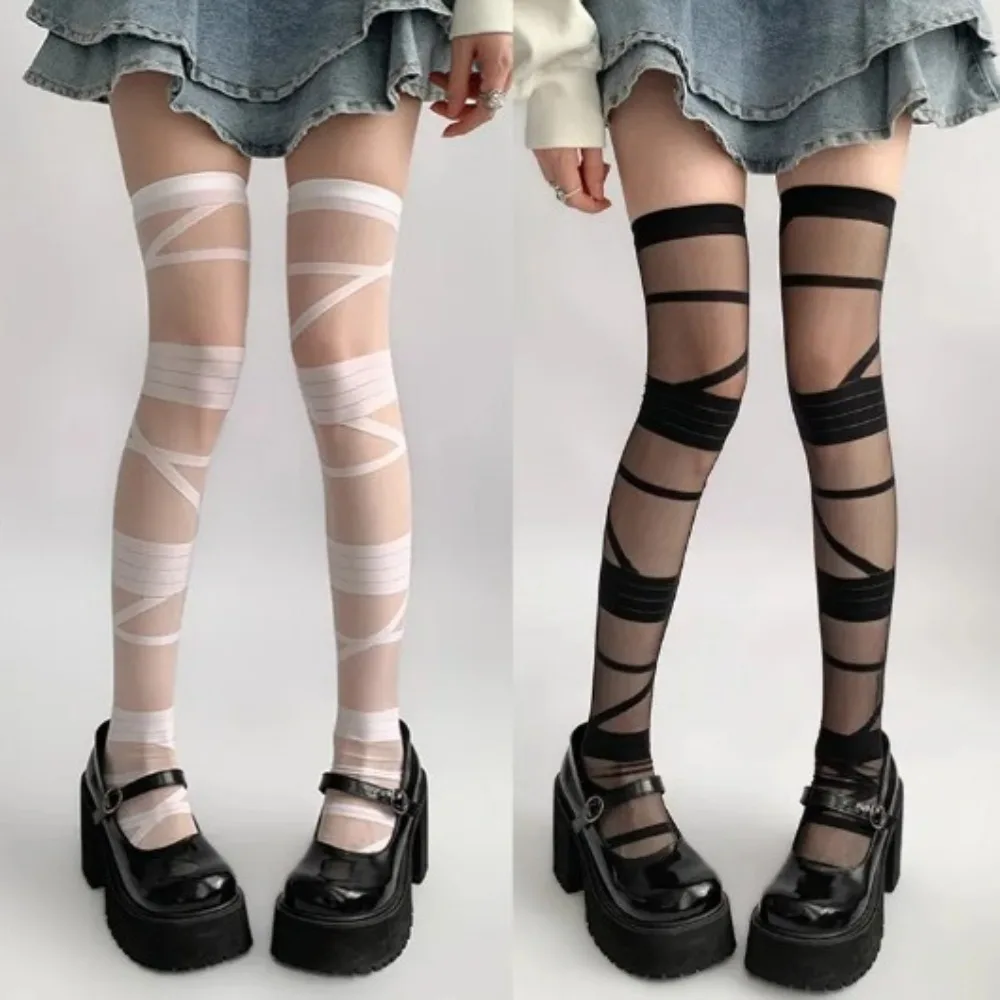Meias listradas transparentes de nylon estilo lolita jk, meias longas elásticas de tubo alto, meias ultrafinas acima do joelho