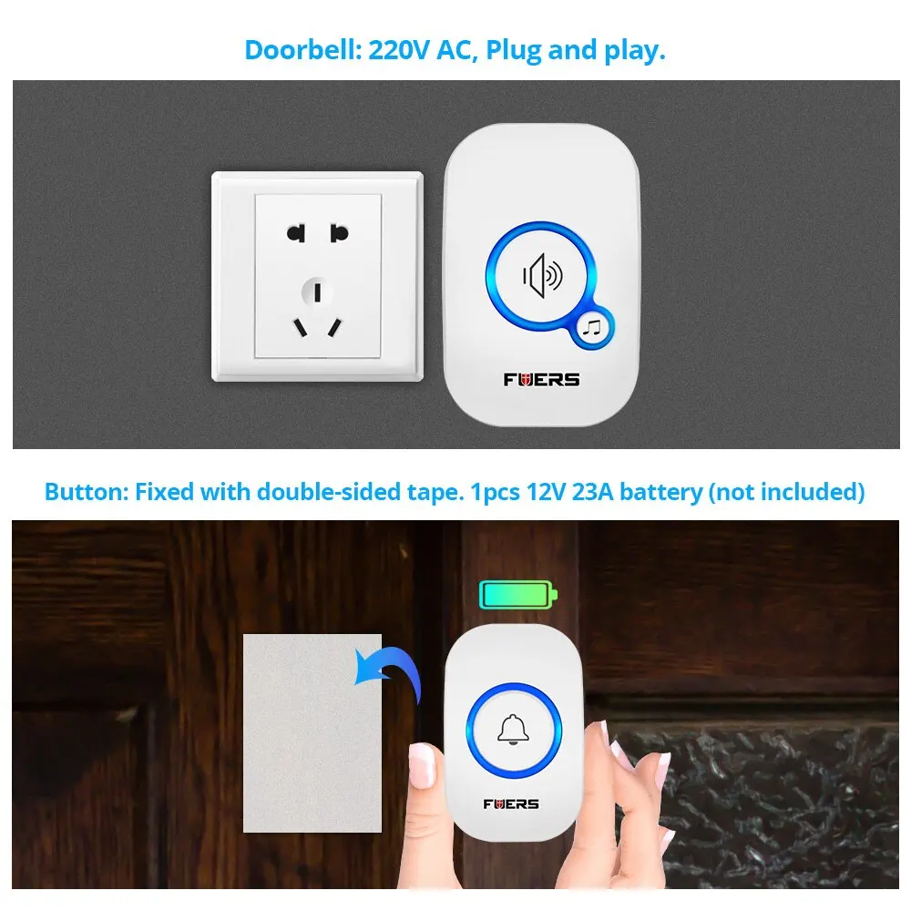 Fuers Wireless Doorbell Waterproof Welcome Chime Home Door Bell Intelligent 32 Songs Smart Alarm With Battery For Store Hotel