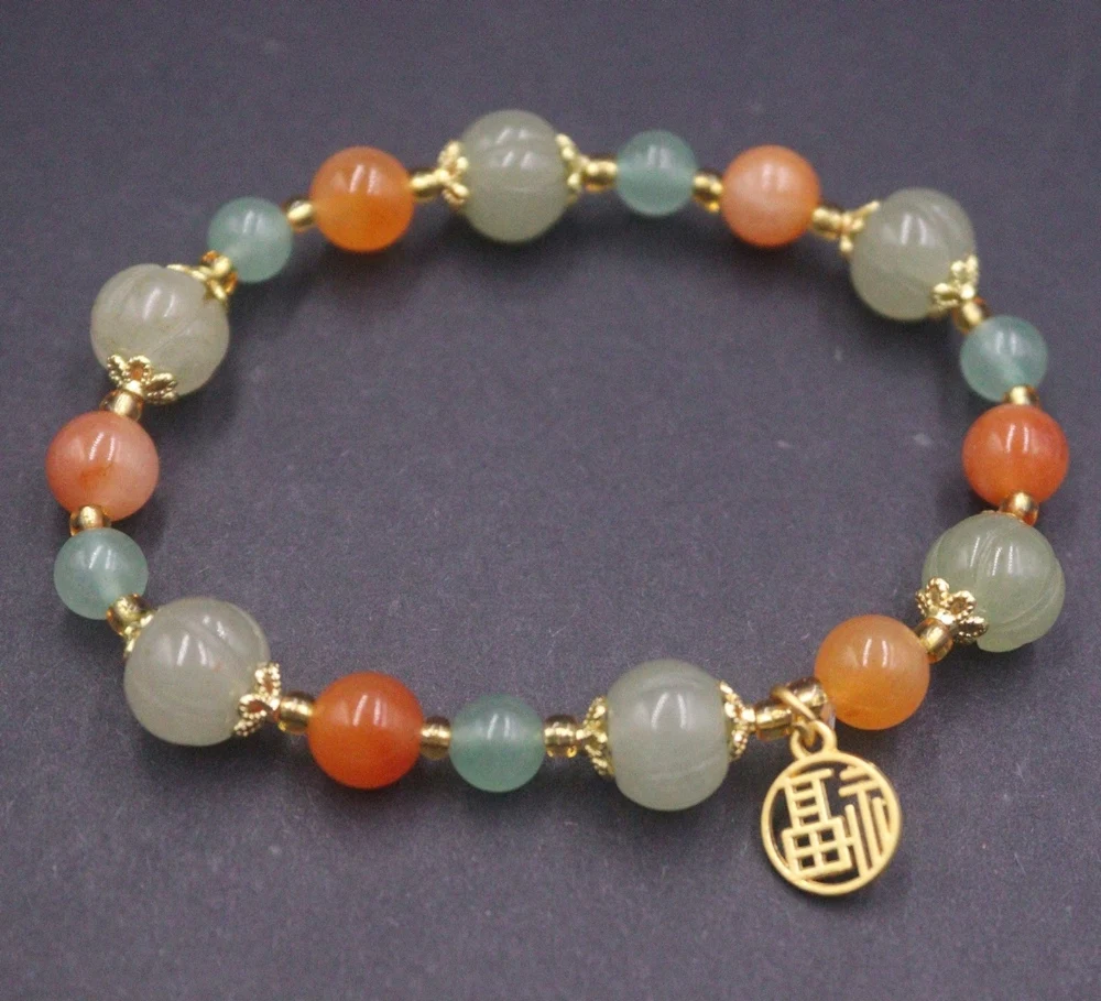 

Natural Jade Alloy Characters Fu Men Women Lucky Glossy Carved Pumpkin Beaded Bracelet