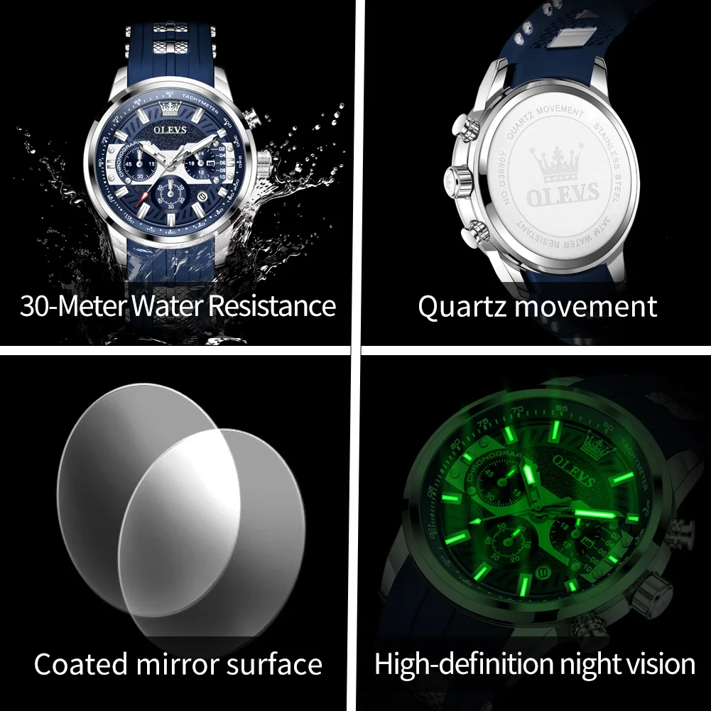 OLEVS Men's Watches Top Brand Classic Fashion Original Quartz Watch for Man Waterproof Luminous Date Chronograph Silicone Strap