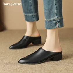 2023 letnie buty damskie prawdziwej skóry szpiczasty nosek sandały damskie solidne nowoczesne sandały dla kobiet Chunky Heel buty damskie muły