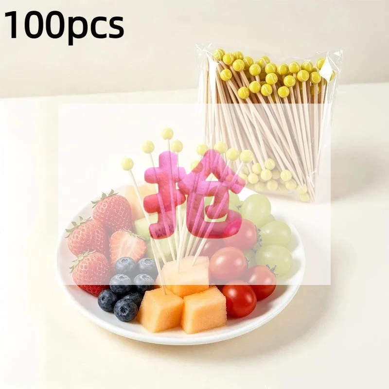 100Pcs 120mm Home Party Wedding Supplies Disposable Cocktail Yellow Tennis Fruit Sticks Bamboo Pick Skewers