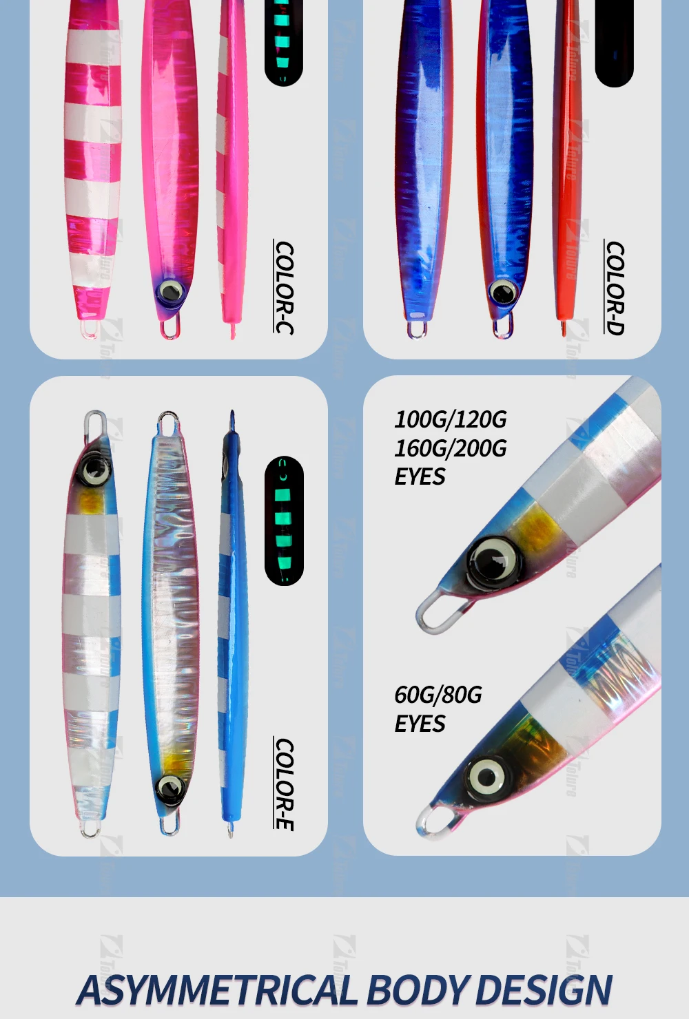 TOLU NEUE langsam sinkende Metall-Jig, 5 Farben, 3D-Augen, 60 g-200 g, langer Wurf, langsam sinkende Herbst-Jigs, Salzwasser-Tiefsee-Angelköder – Detail 4