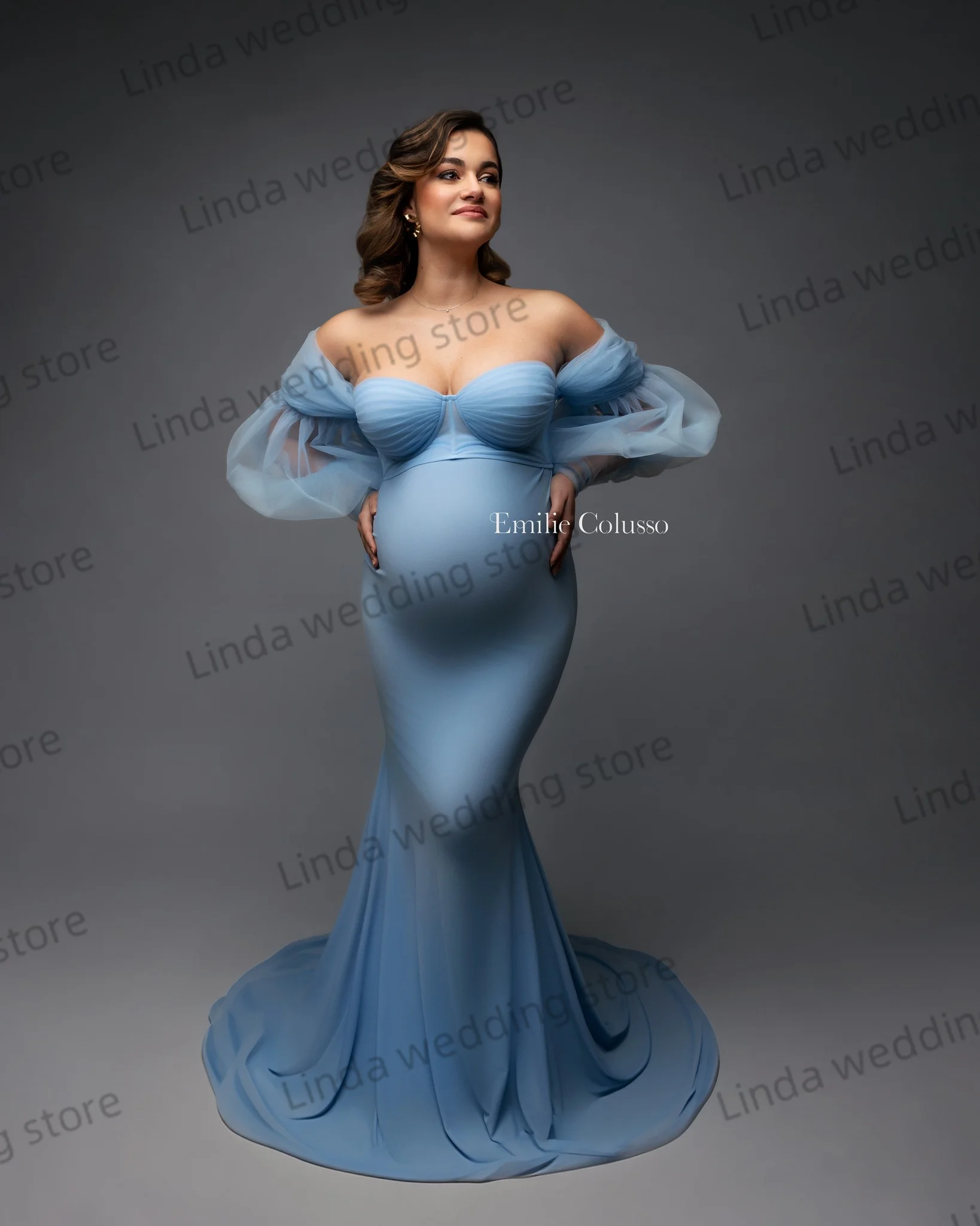 Robe Sirène Bleu Ciel pour Femme Enceinte, Tenue Éducative pour Séance Photo, Personnalisée