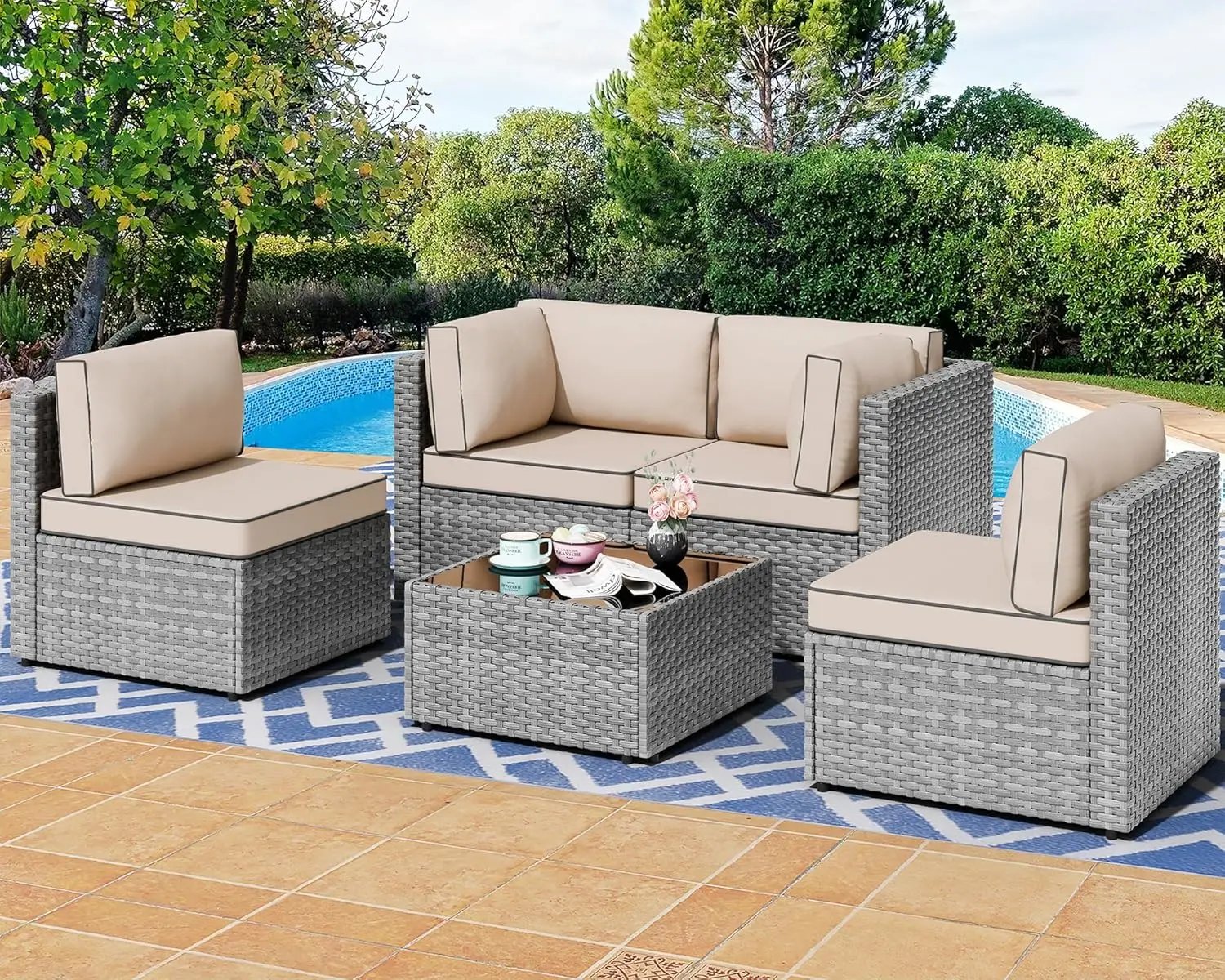 

5-Piece Outdoor Patio Furniture Set, Gray PE Wicker Sectional Sofa with Washable Cushions & Table