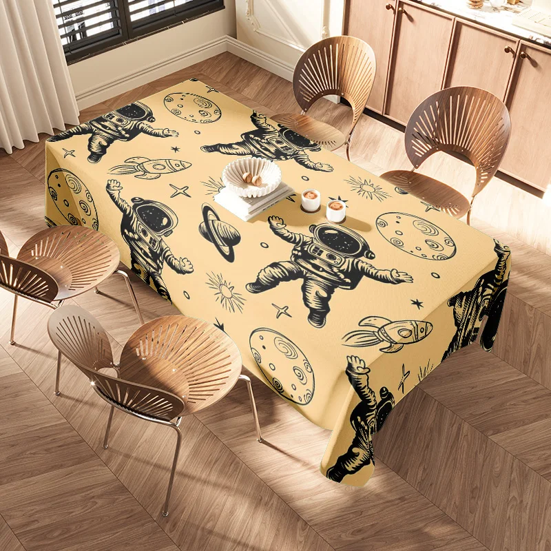 Vintage Space Explorer Tablecloth Home Decor Washable Dining Table Cover for Kids Room Decoration Yellow 160X240cm