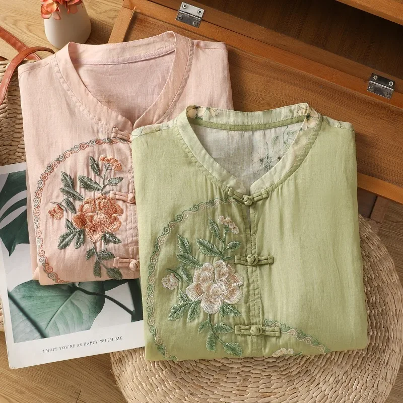Chemisier de Style chinois pour femmes, chemises Vintage brodées, mode, vêtements d'été amples, manches courtes, en coton et lin, hauts pour femmes