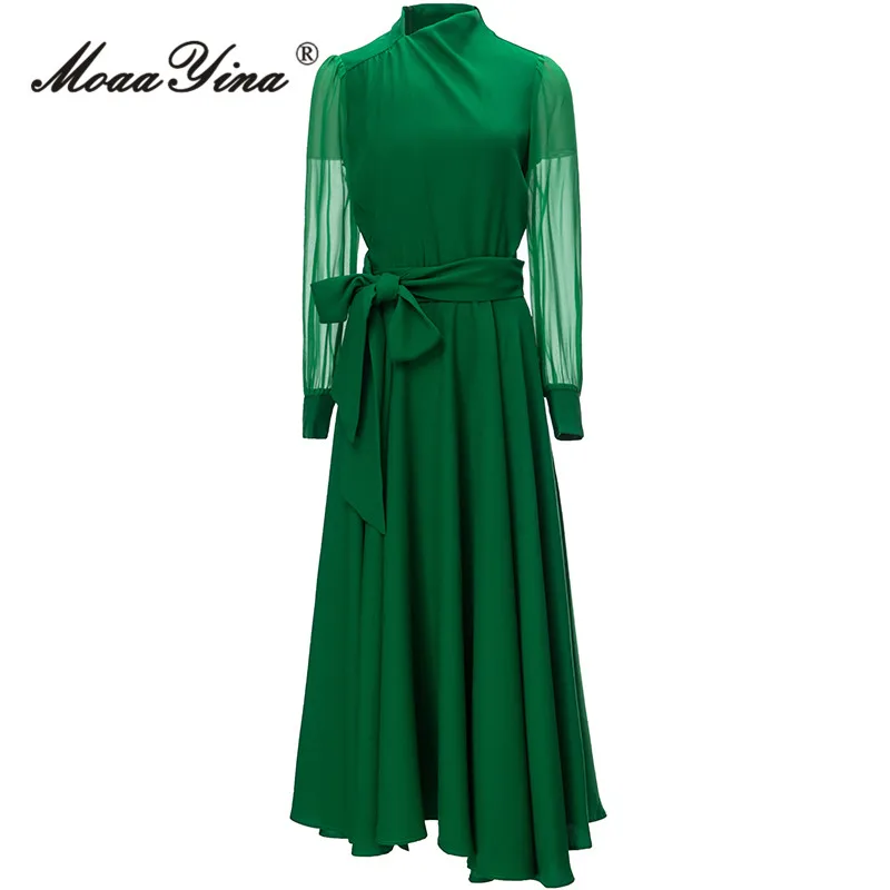 

MoaaYina Autumn Fashion Runway Green Vintage Party Dress Women V Neck Long Sleeve Pocket Frenulum Gathered Waist Slim Long Dress