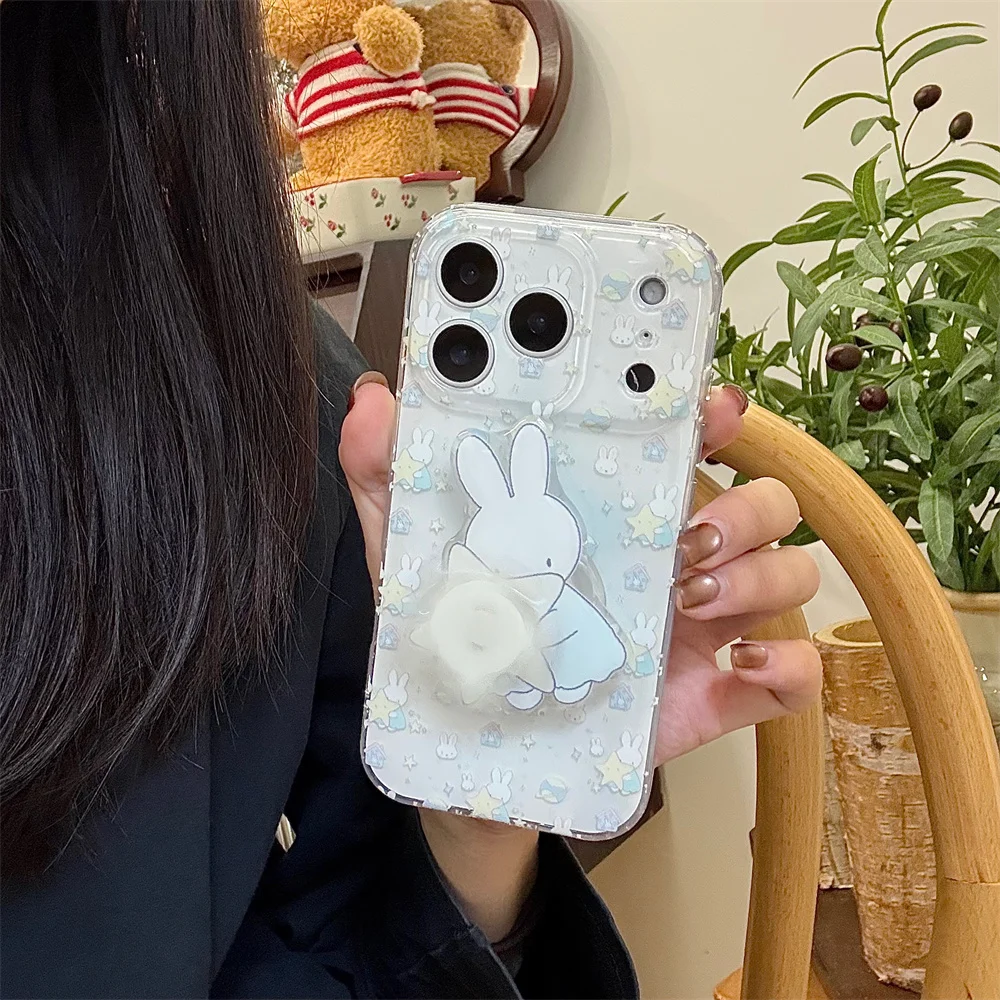 

Korea IND Cute Line Rabbit Rotate Star Stand Phone Case for iPhone 17 Pro 15 14 Pro Max 16 Cover Band Holder Cartoon Cases Funda