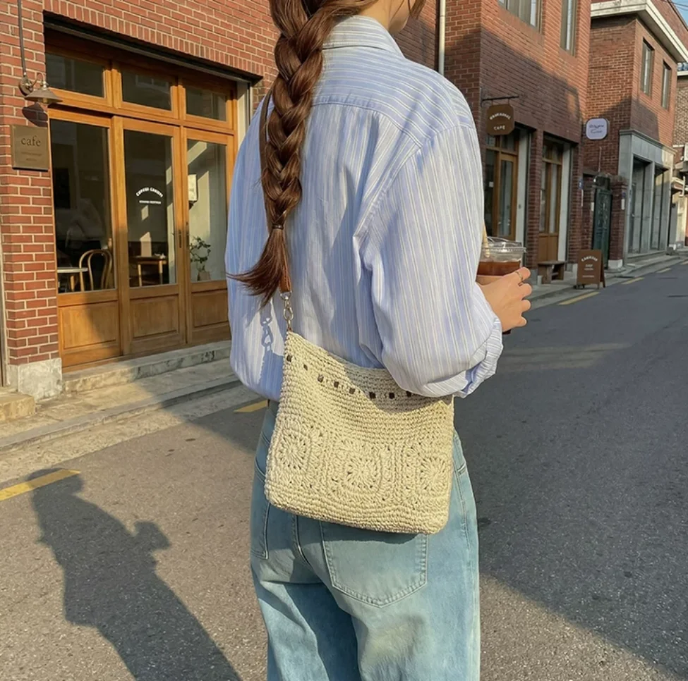 

Handmade Cotton Rope Woven Square Bag for Women 2026 New Summer Beach Resort Crossbody Bag Versatile Pearl Single Shoulder Bag