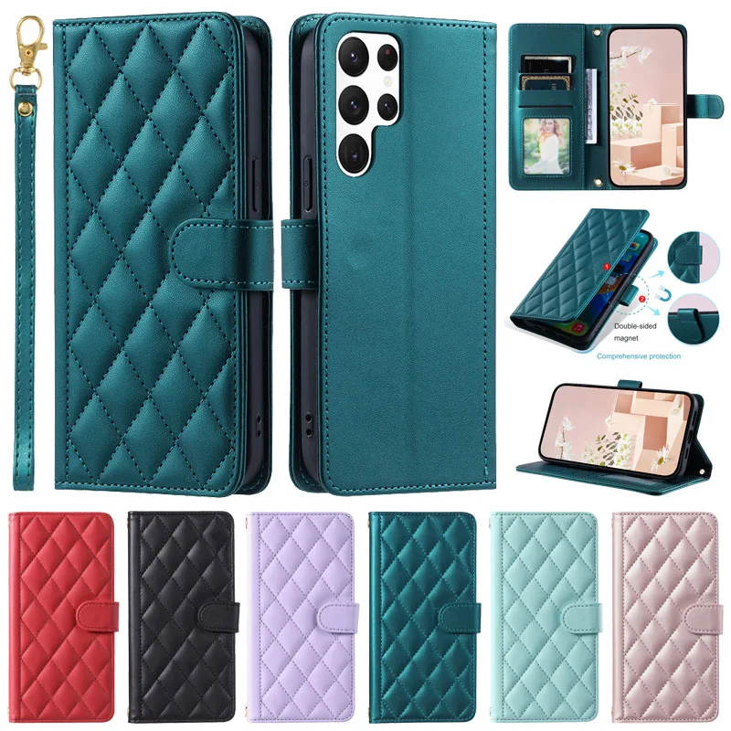 Fashion Rhombic Pattern Wallet Phone Case on For Samsung Galaxy S24 S23 Ultra S22 S21 Ultra S20 FE S10 Plus S23+ S24+ Cover Case