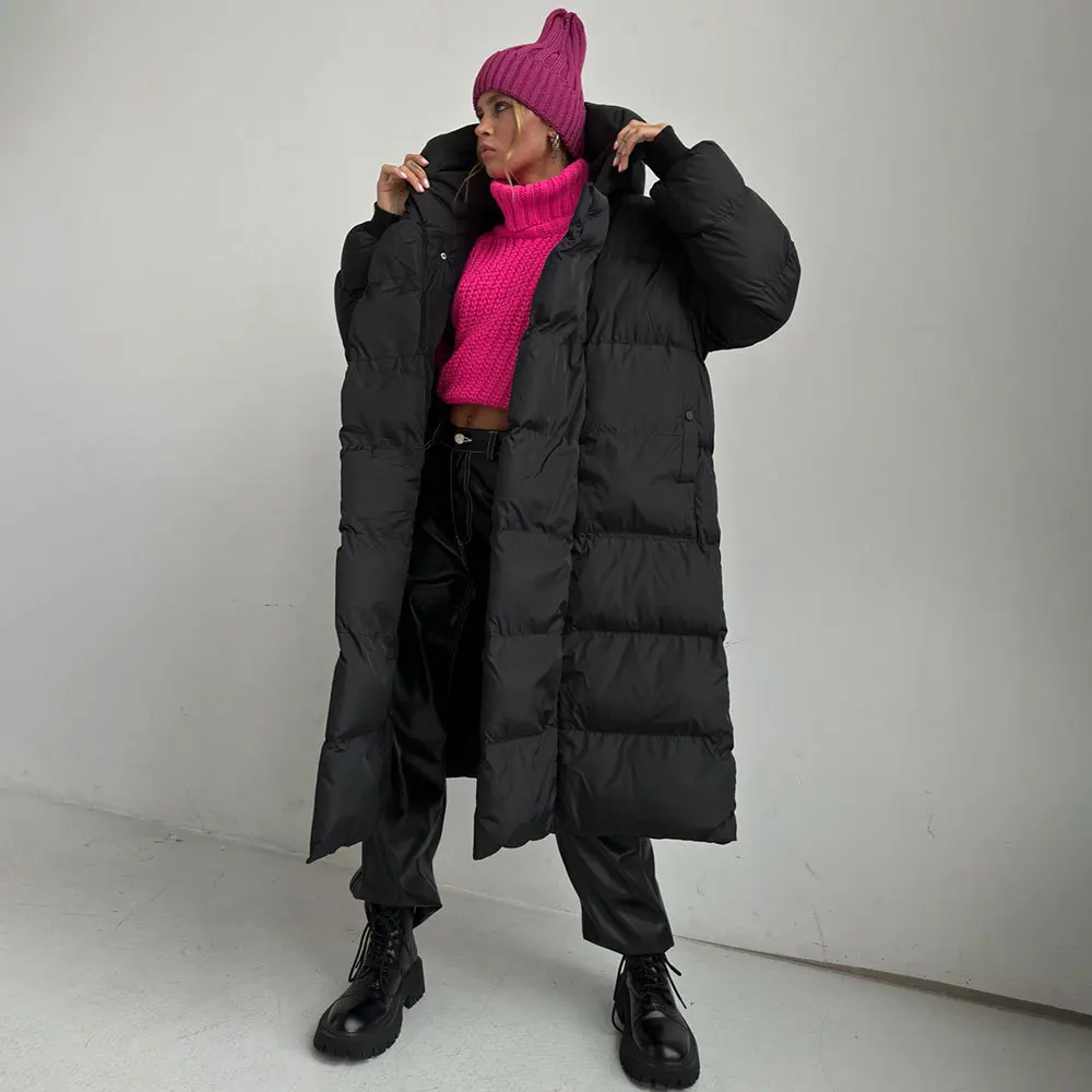 Long Women's Cotton-padded Jacket 2025 Winter Warm Thick Dark Button Long Hooded Cotton-padded Jacket Coat